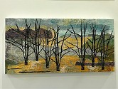 Birches in the landscape - collage of printed and dyed papers, quilted with thread.